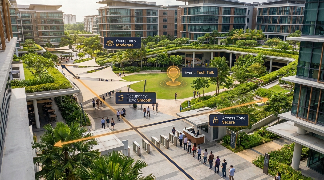 People-flow, occupancy, crowd, and access analytics across an enterprise campus